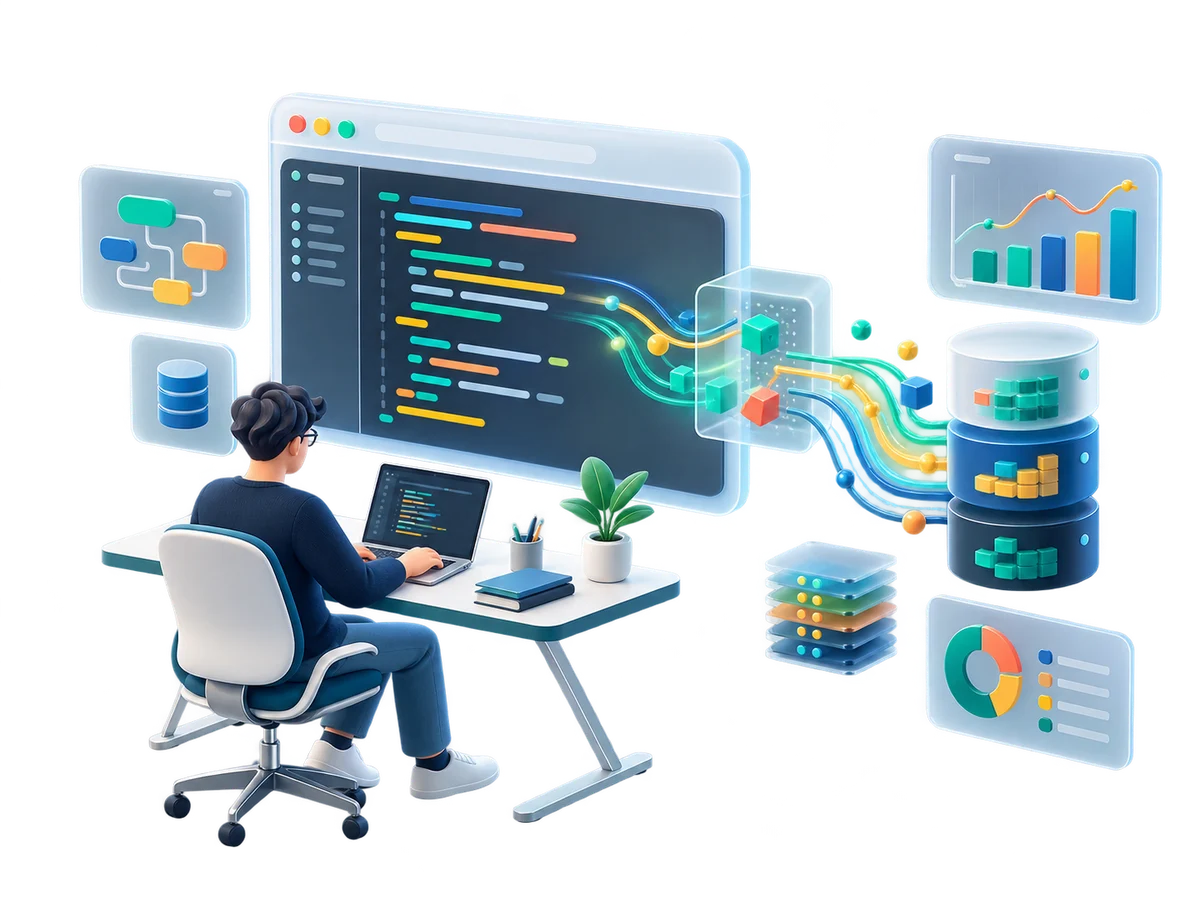 Developer transforming browser-based code and datasets into analytical results