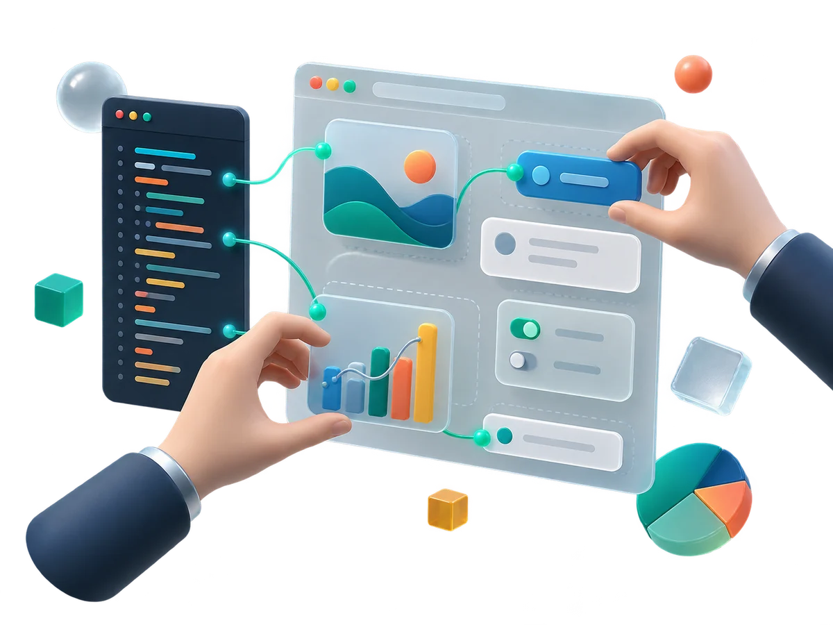 Visual interface components connected directly to source code