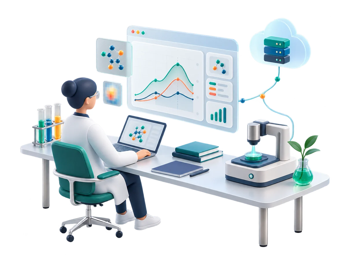 Researcher connecting a laboratory experiment to analytical tools in a cloud workspace